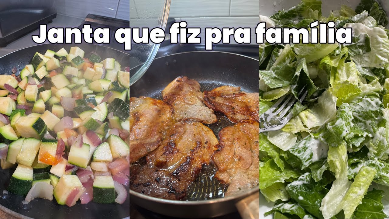 Janta pra família: bife suíno, abobrinha refogada, salada.