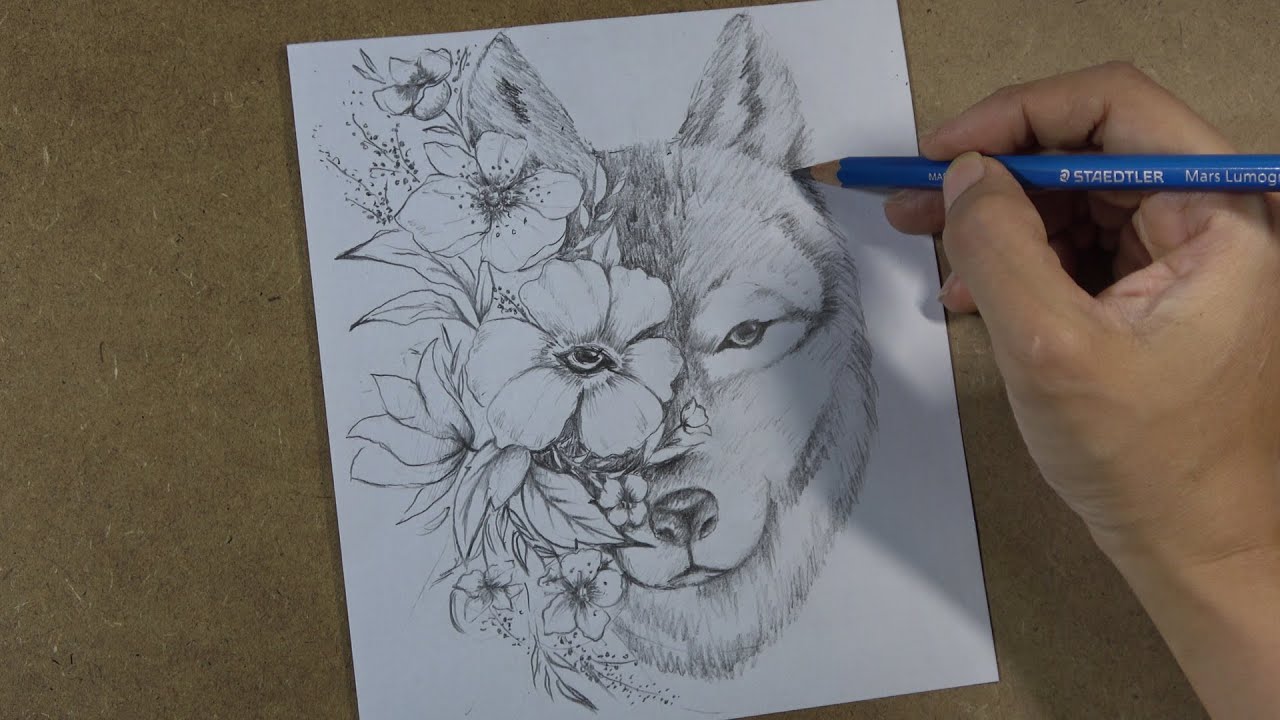 How to draw flower wolf tattoo step by step | Hihi Pencil
