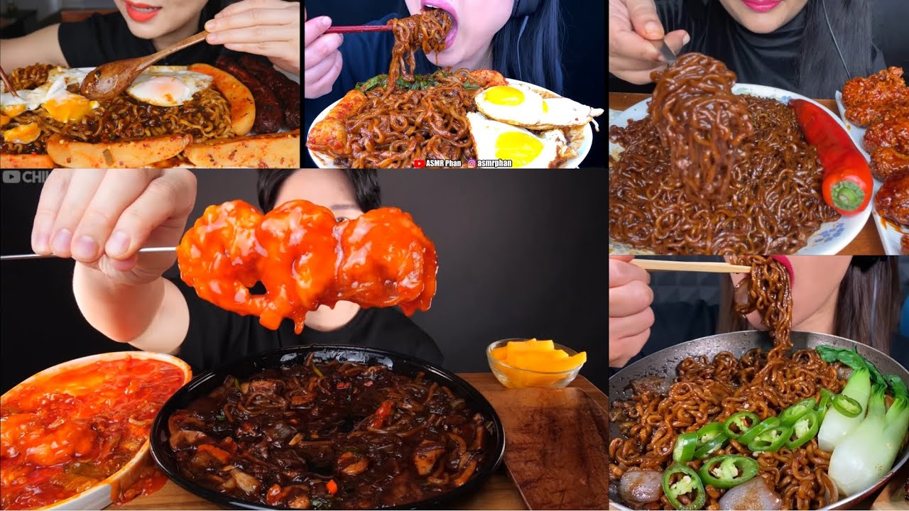 ASMR EATING BLACK BEAN NOODLES COMPILATION #bigbites #asmreatingsounds