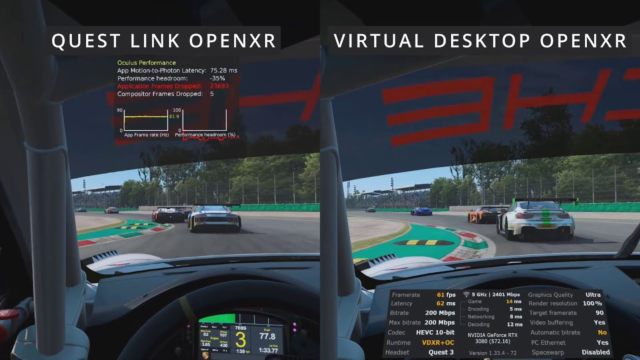 Automobilista 2 VR benchmark: Quest Link vs SteamVR vs Virtual Desktop vs OpenXR in 2025
