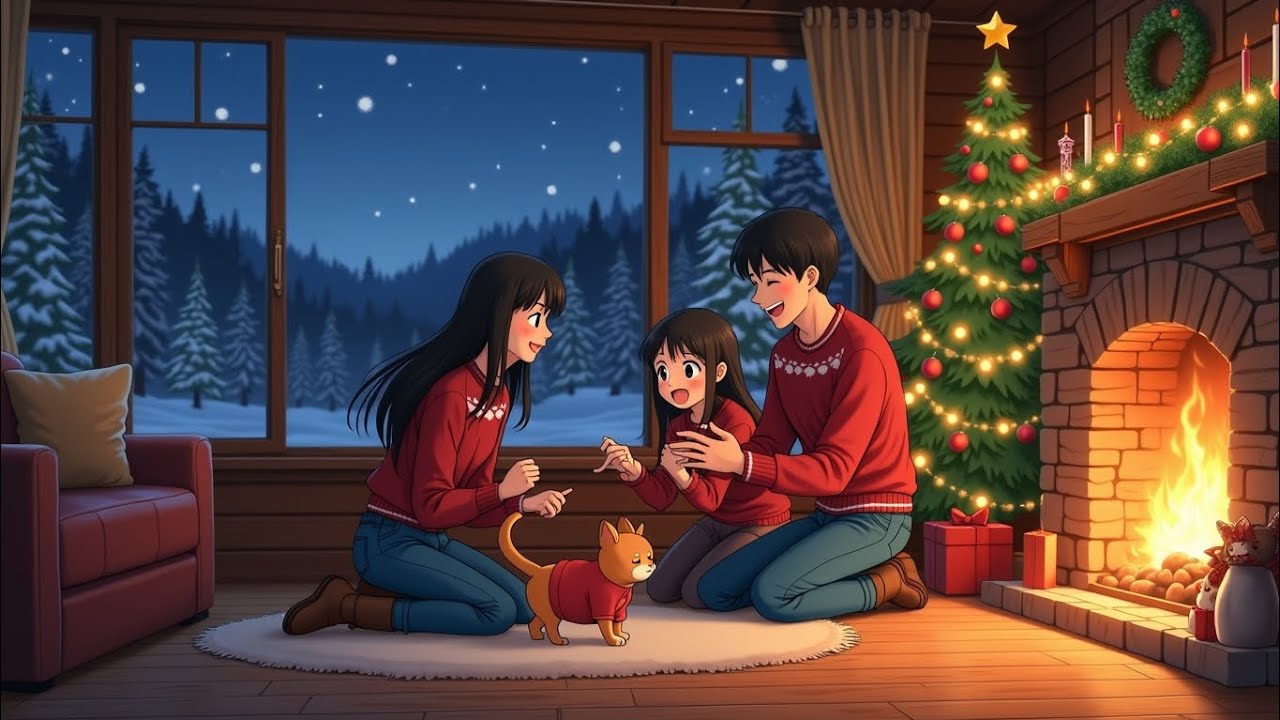  Anime Christmas Ambience in the Woods | Fireplace & Snowfall (ASMR) 🎄🔥❄️