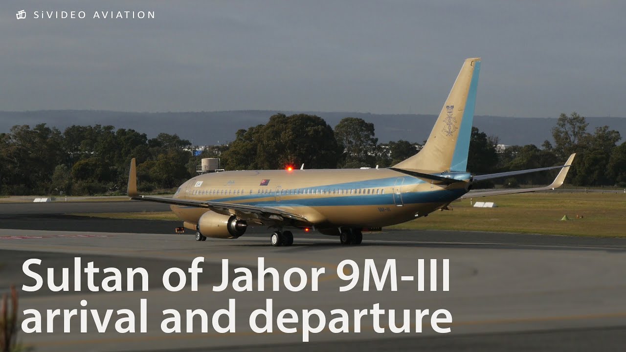 Sultan of Johor (9M-III) Gold BBJ arriving and departing Perth Airport.