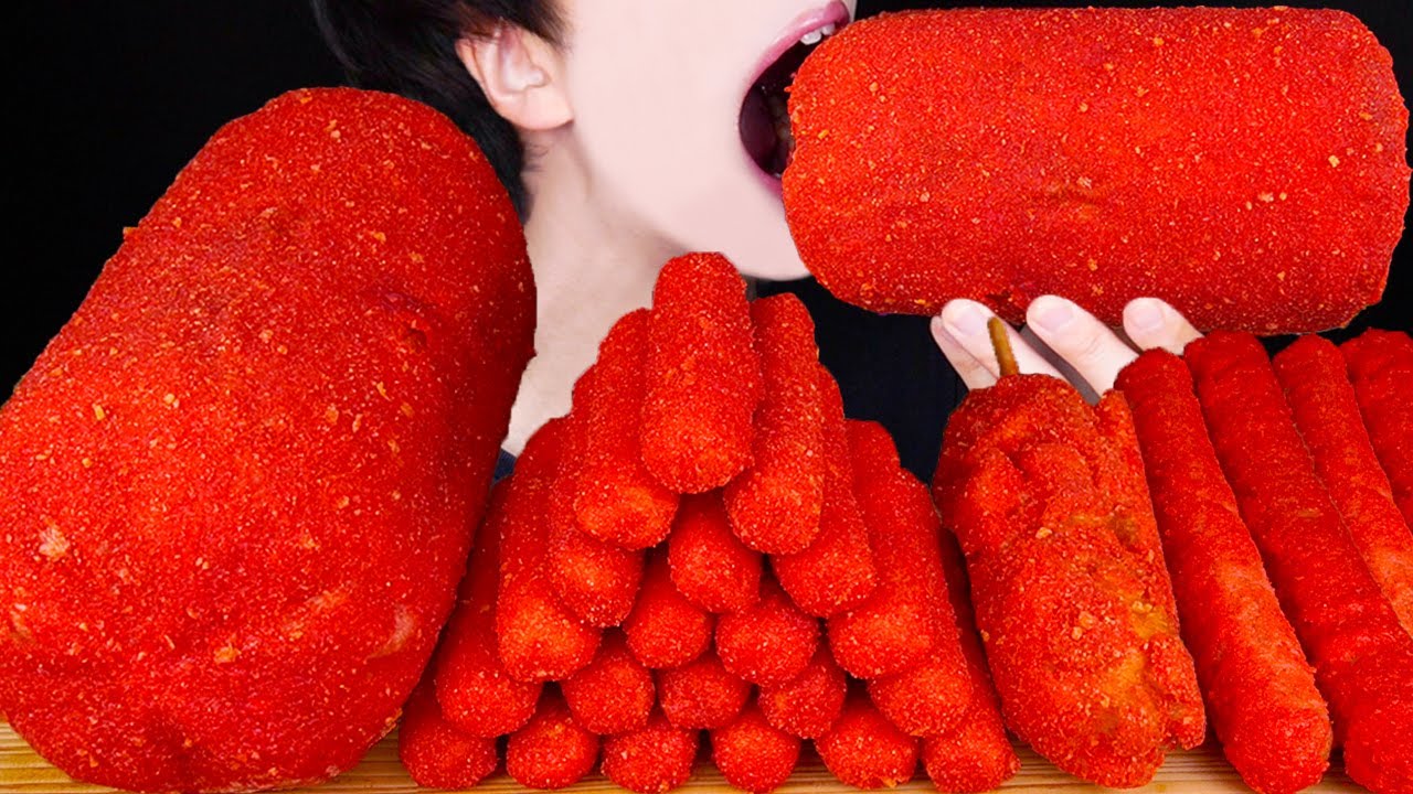 ASMR HOT CHEETOS GIANT SAUSAGE CHEESY  MOZZARELLA CHEESE STICKS CORN DOGS MUKBANG 먹방 EATING SOUNDS