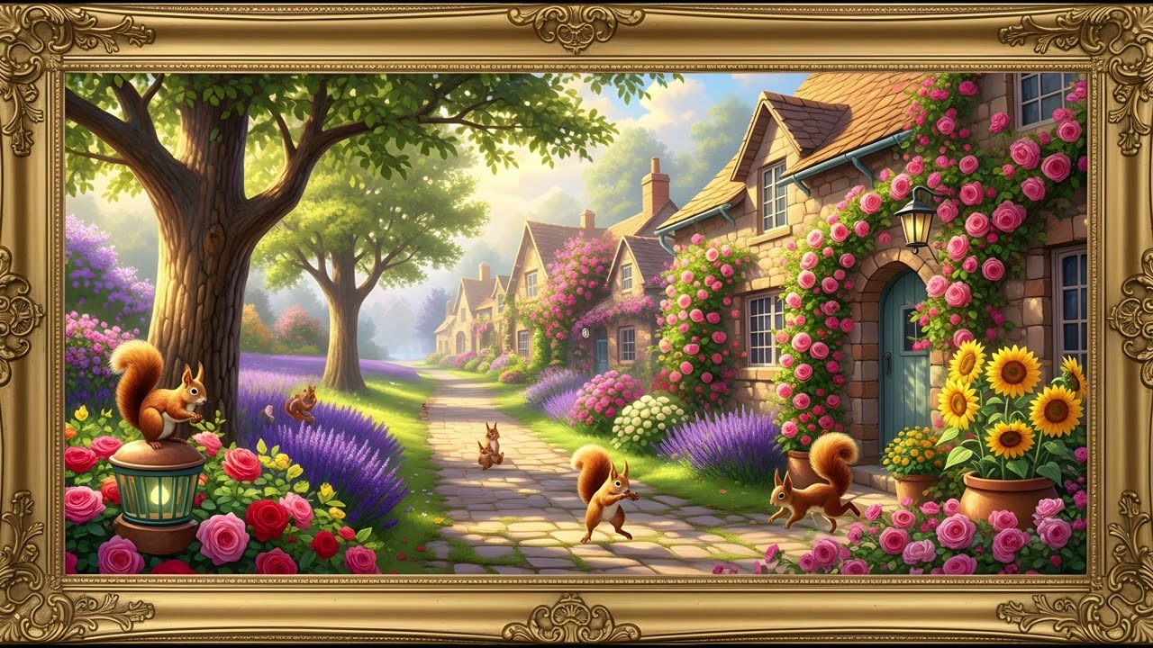 🐿️ 2 HOUR 4K Art TV Wallpaper | Beautiful Framed Squirrel Painting & Flowers | Relaxing Nature Loop