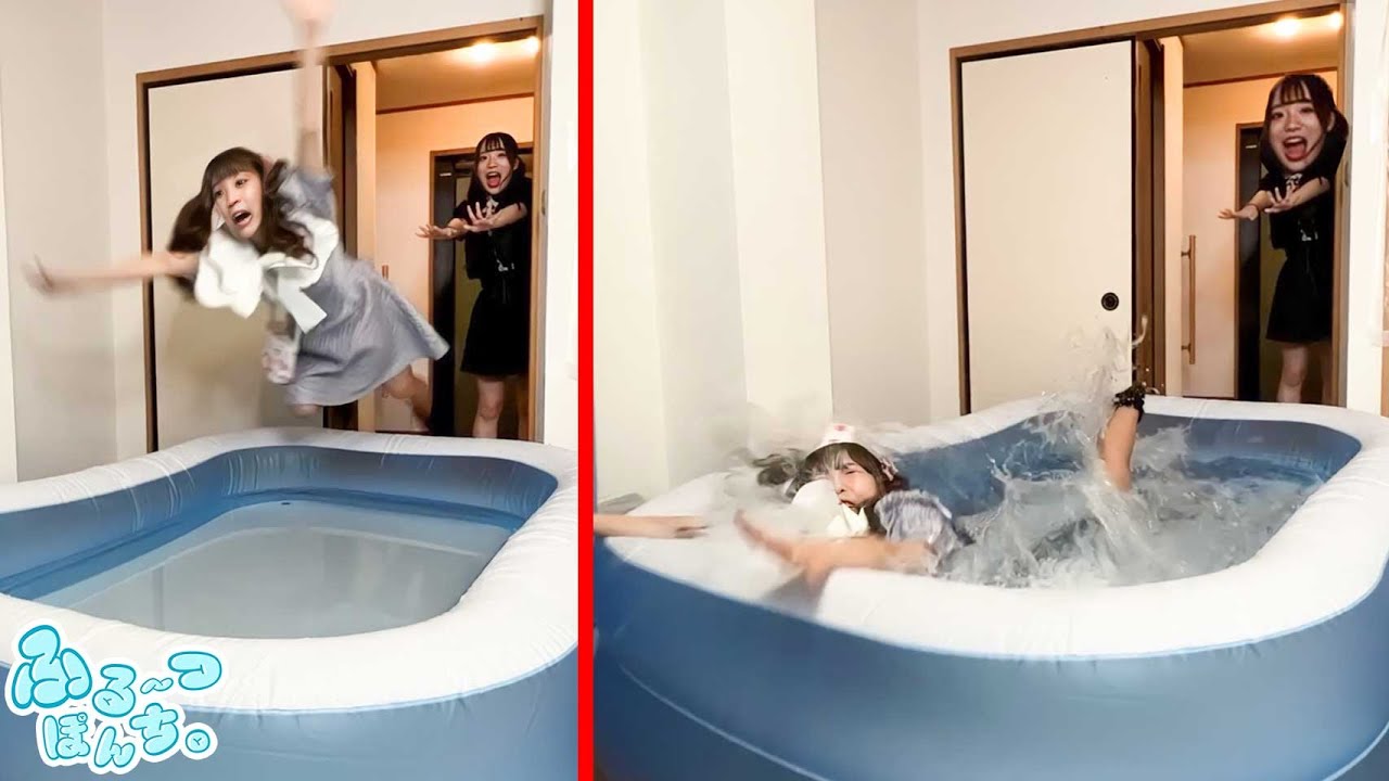 帰宅してすぐにプールに突き落としてみた😀😀😀😀