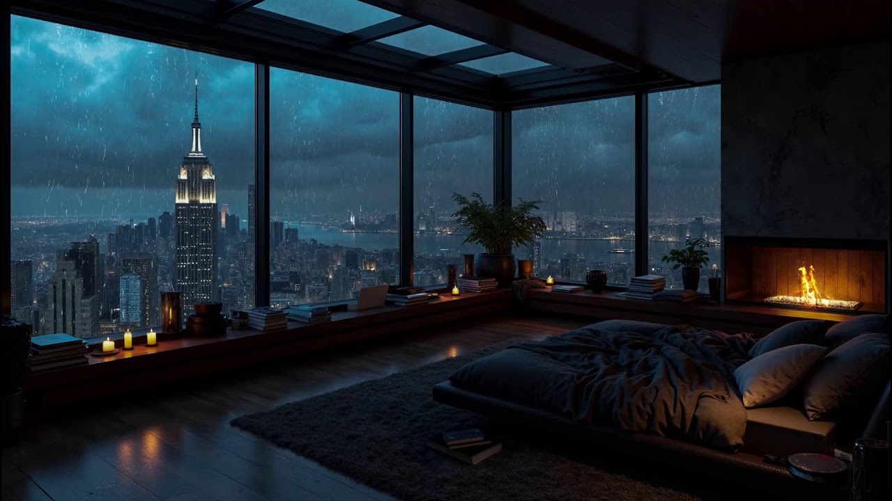 The Sound of Rain for Sleep | Apartment Ambience At NYC with Gentle Rain & Fireplace Sound for Sleep