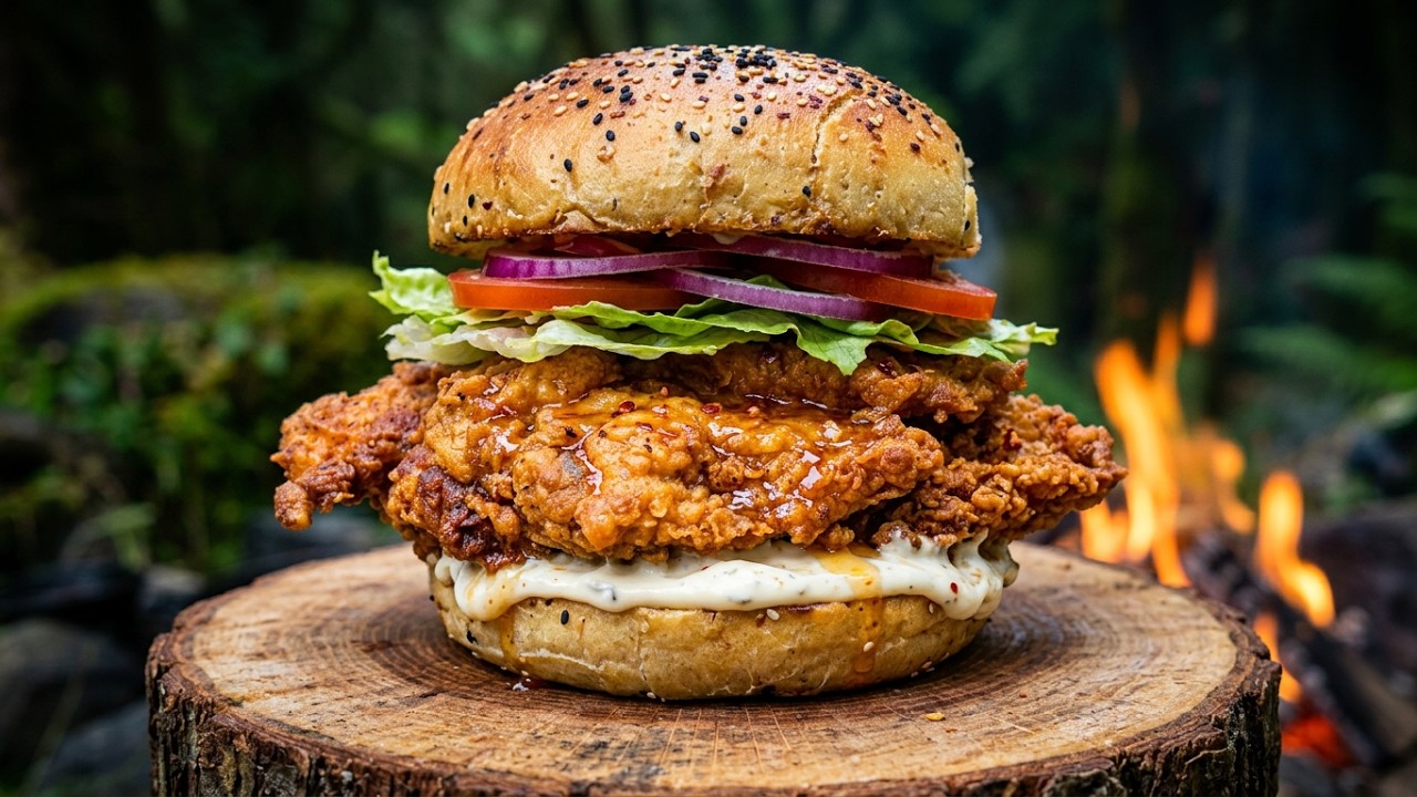 Crispy HOT Honey Chicken Burger Over Campfire | ASMR Forest Cooking