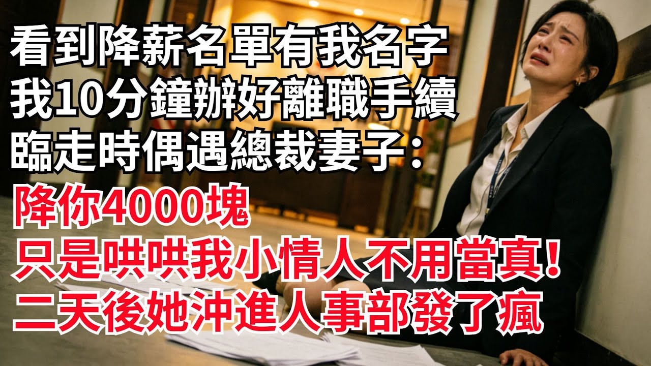 看到降薪名單有我名字，我10分鐘辦好離職手續，臨走偶遇總裁妻子：“降妳4000塊，哄哄我小情人！”她衝進人事部發了瘋#故事#男頻小説#小説#爽文#婚姻家庭