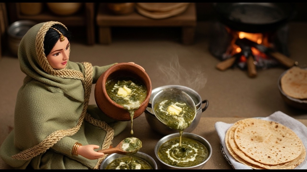 Miniature Doll Saag Cooking ASMR | Indian Village Tiny Kitchen Winter Village Life#miniaturedoll 