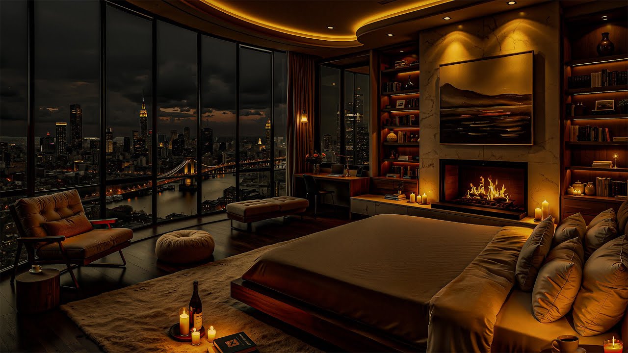 Tranquil Jazz Tunes With Relaxing Fireplace Sounds - Gentle Jazz Harmony In A Cozy Bedroom Ambiance