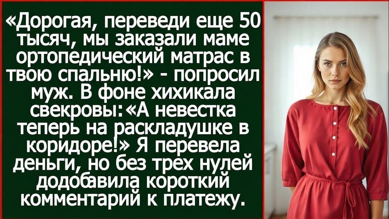 Дорогая, переведи еще 50 тысяч, мы заказали маме ортопедический матрас в твою спальню! Попросил муж.