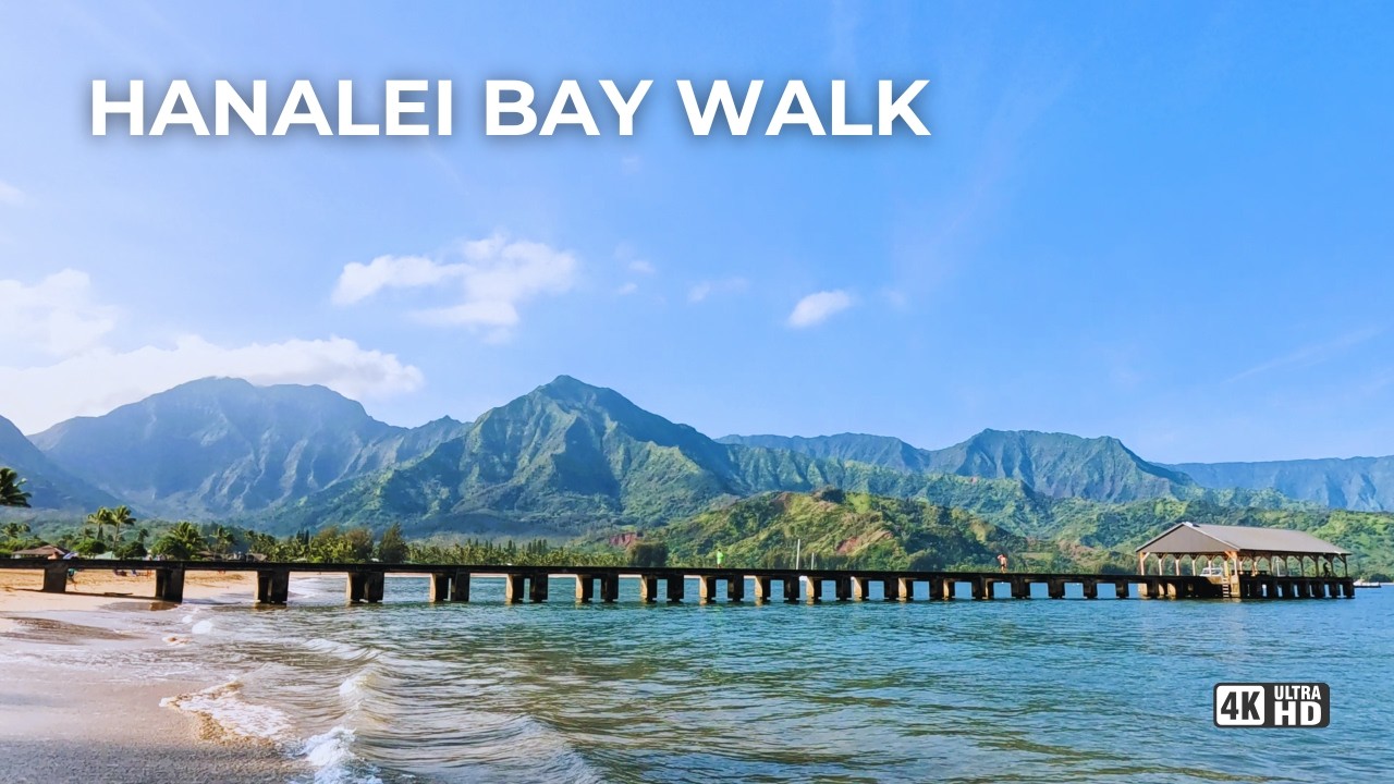 Hanalei Bay Walk in 4K &mdash; Pier to Waiʻoli Beach Park (Calm Waves, Mountain Views, ASMR)