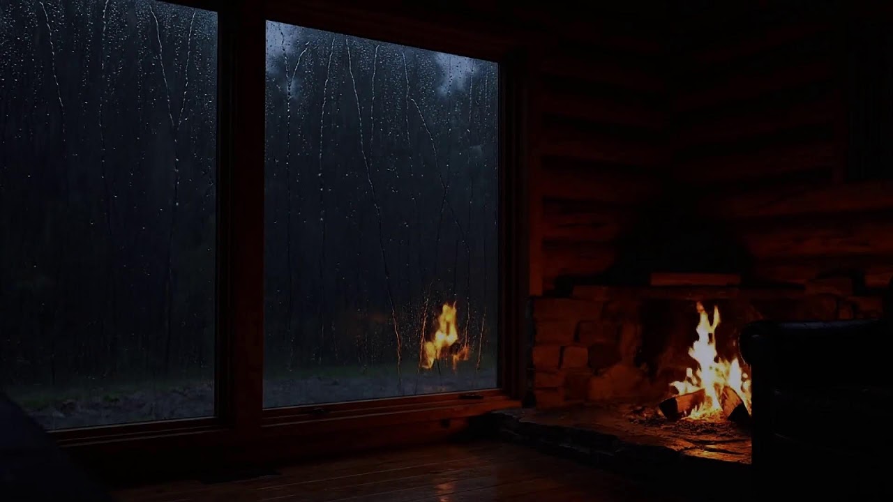 Calming Rainstorm Sounds with Burning Fireplace Atmosphere for Calm Nights