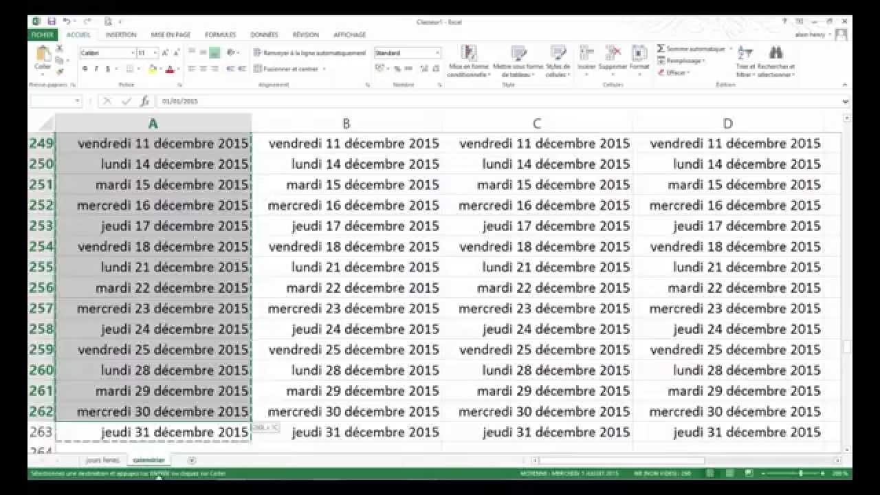 gerer les dates et creer un calendrier dans excel