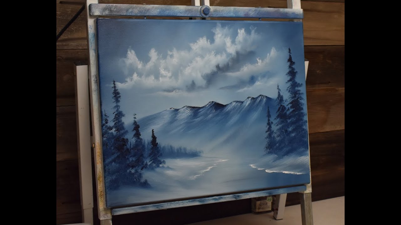 Blue Monochromatic Winter Bob Ross Wet on Wet oil painting tutorial