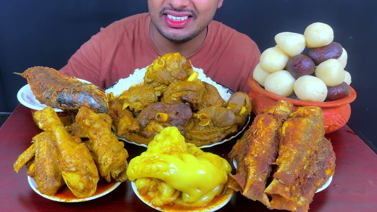SPICY MOST OILY MUTTON FAT CURR, CRISPY FISH FRY, ROSHGOLLAH WITH RICE MUKBANG