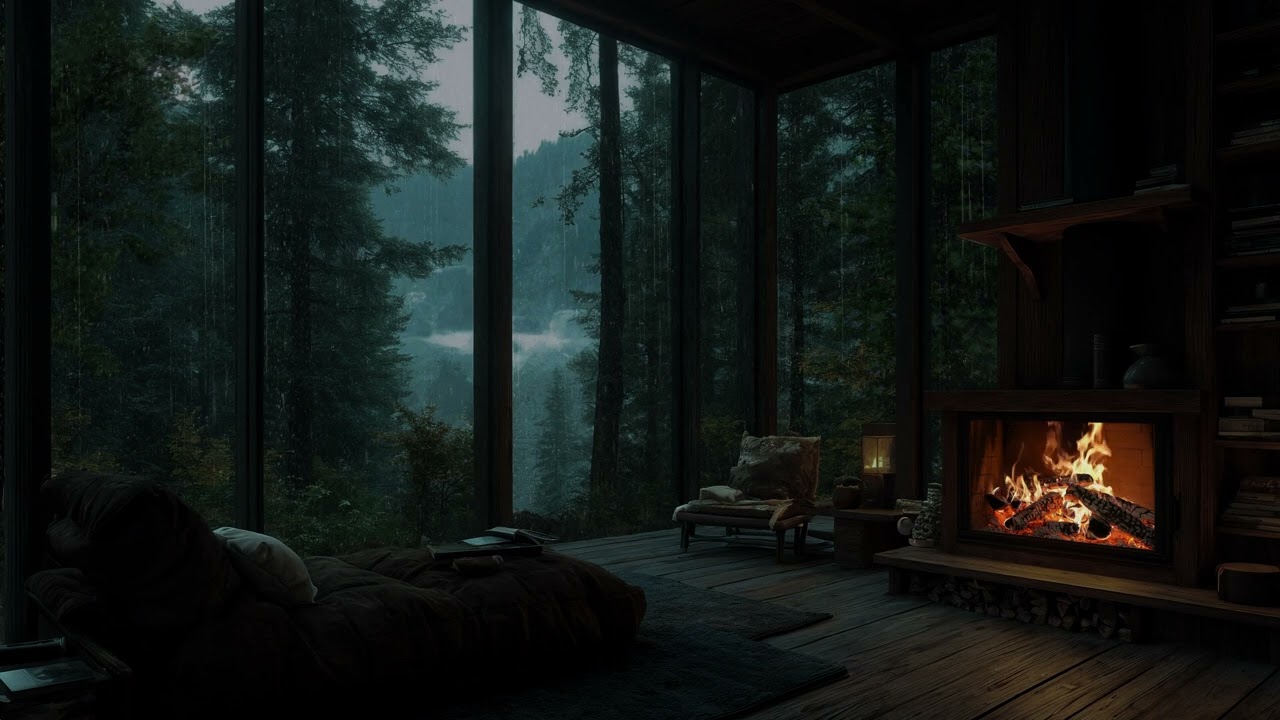 Warm Forest Cabin in Heavy Rain 🌧🔥 Fireplace Ambience for Relaxation and Better Sleep