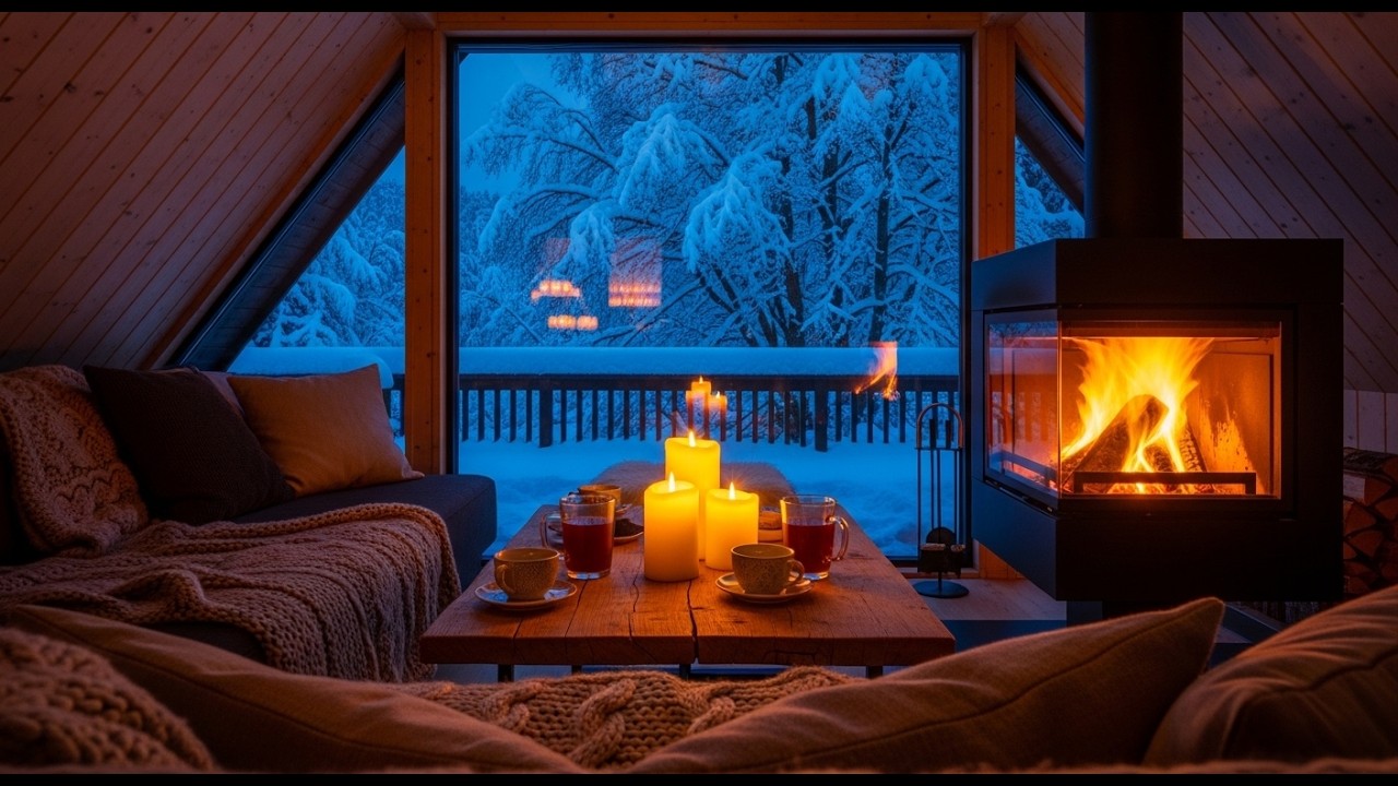 🔥 Cozy Cabin Fireplace 4K (12 Hours) Snowy Window Ambience & Crackling Fire Sounds for Sleep