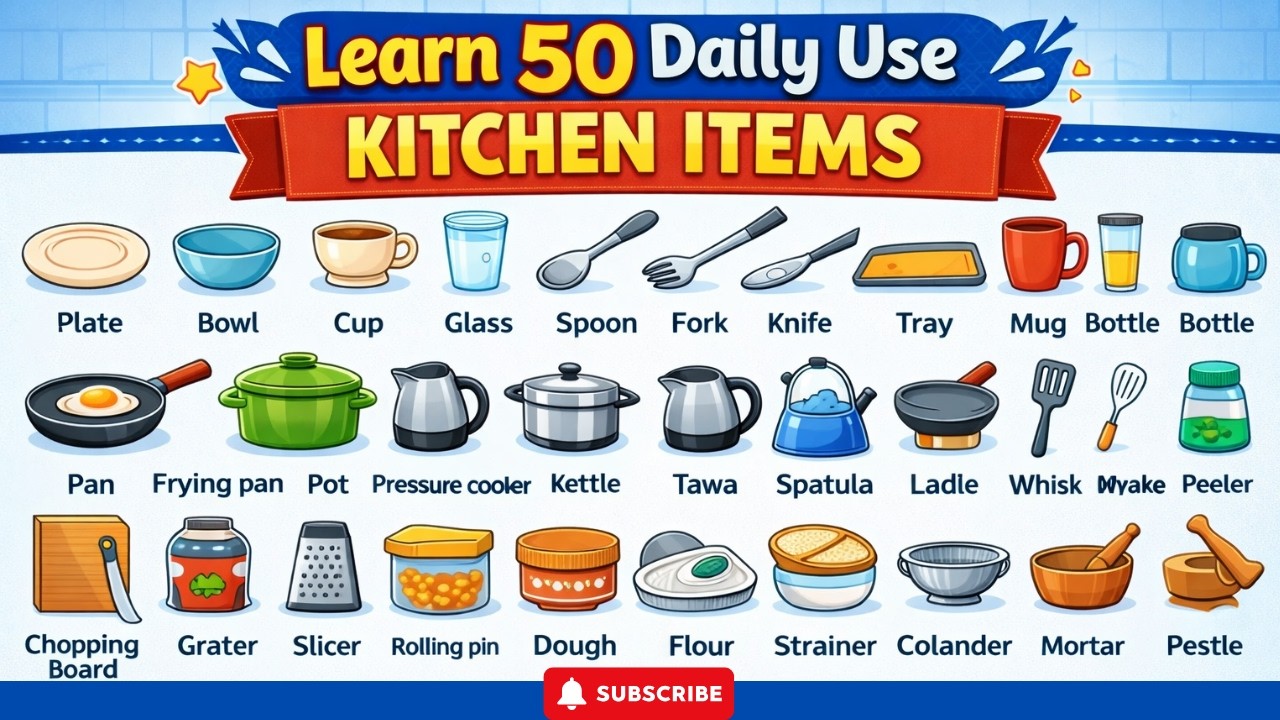 50 Daily Use Kitchen Vocabulary Words in English | Kitchen Items Names for Kids & Beginners