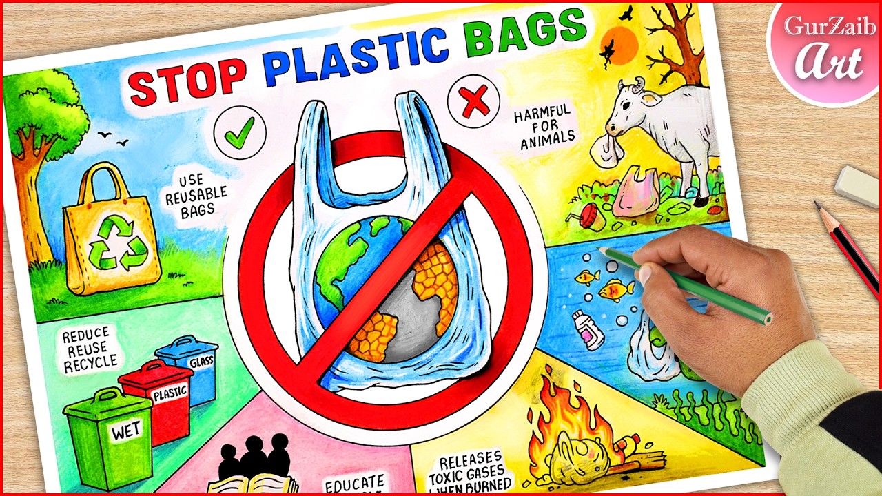 How To Draw Stop Plastic Bags Pollution Drawing / Plastic Bag Free Day poster ideas / ban plastic