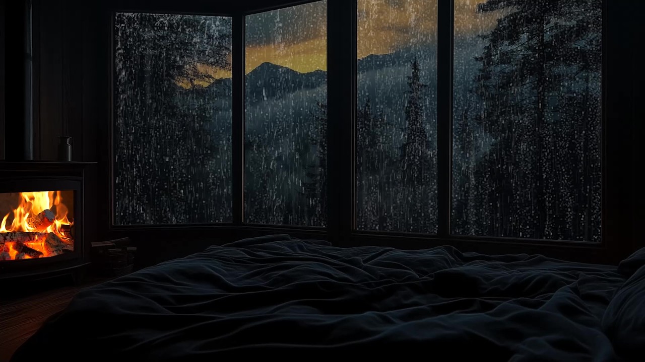 🌧️ Heavy Rainstorm Over a Cozy Cabin in the Mountains | Window Rain & Warm Fireplace | Sleep Fast