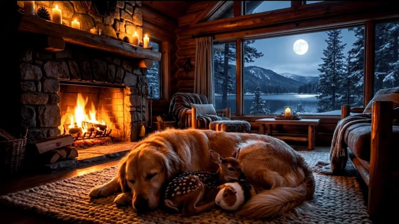 Cozy Winter Cabin Scene  Heavy snowfall, sleeping dogs & the sound of a crackling fireplace