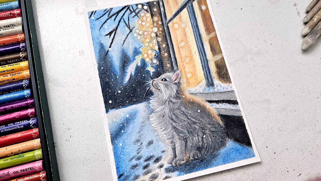 Cozy winter cat in snowfall | Realistic Oil pastel drawing | Step by step tutorial