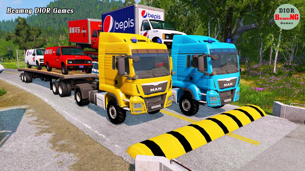 Double Flatbed Trailer Truck vs speed bumps|Busses vs speed bumps|Beamng Drive|238