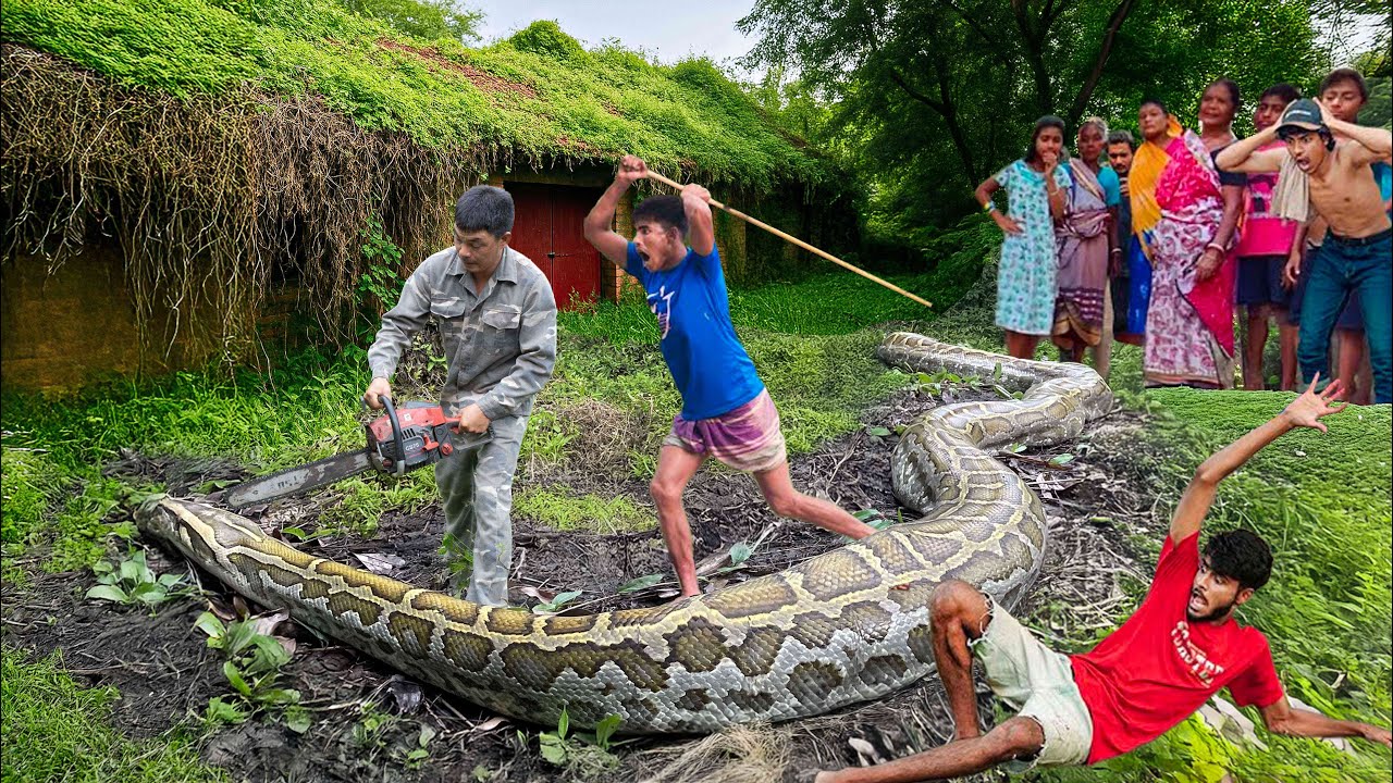 Brave hunter uses chainsaw to confront giant yellow-banded python | Clean up scary abandoned house.