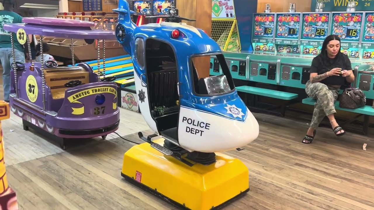 RG Mitchell 1995 Sky hawk police helicopter kiddie ride at Funarama (Muted) (POV)