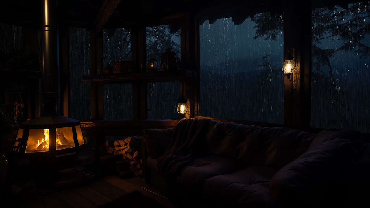 Laydown and Get Rid with Relaxing Rain Sounds and Calm Fireplace Ambience in Cozy Cabin