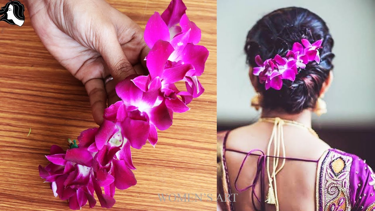 orchid flower jadai veni making at home | simple way to string orchid flower veni | purple veni