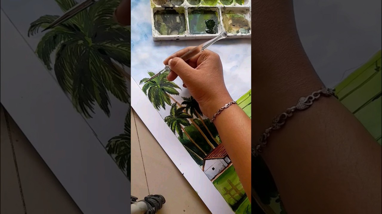 Village scenery painting project ideas🛖🌴 | Painting for beginners #art #painting#viralvideo#trending