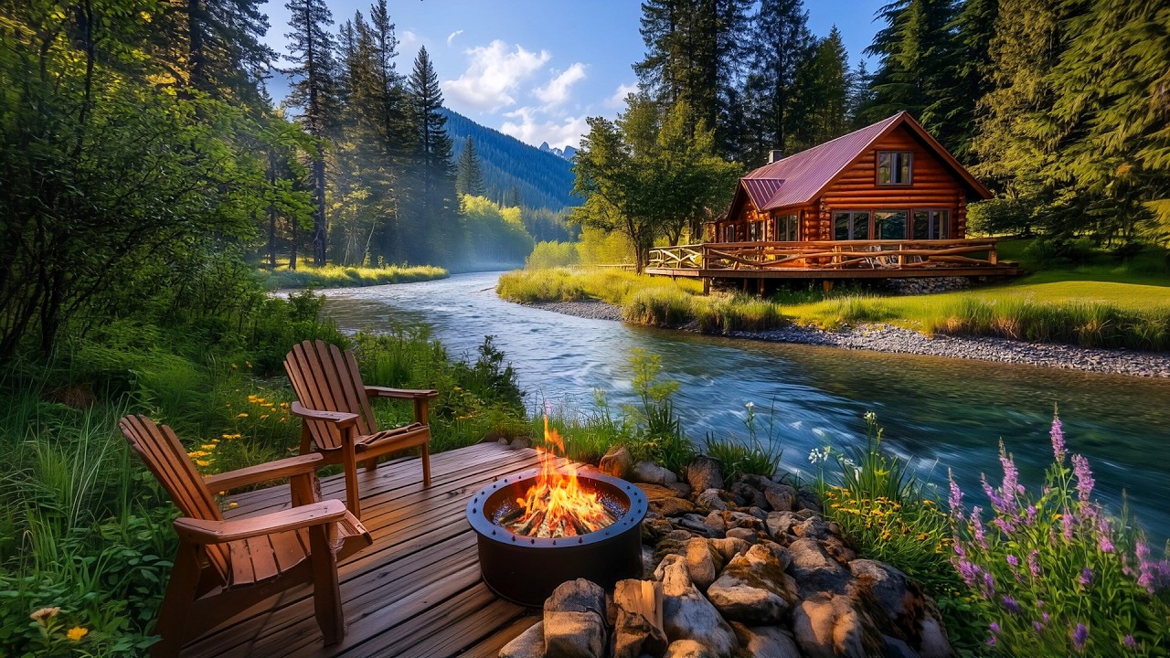 Spring Morning by the Riverside Cabin 🌸 Forest Birds, Flowing River & Firepit Crackles