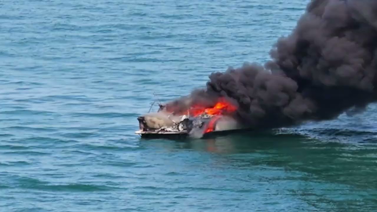 Boat Sinks After Massive Fire in Port Phillip Bay off Chelsea Beach