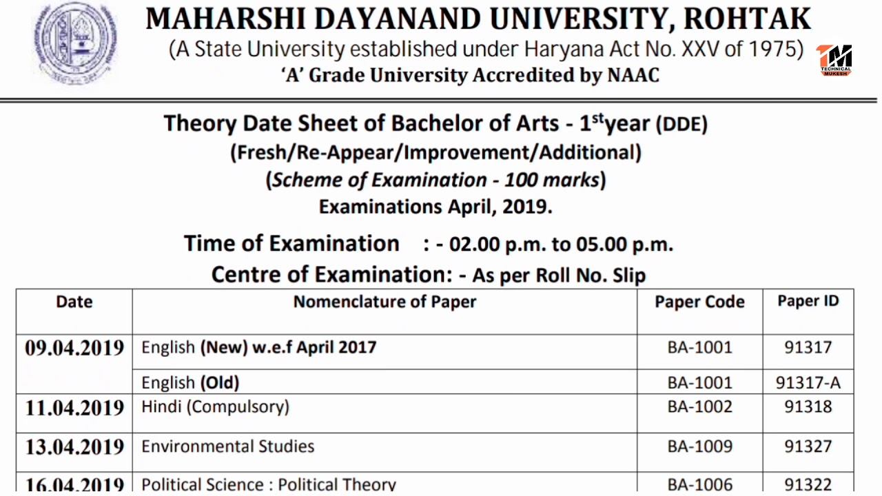 Ba 1st Year Date sheet 2019 # MDU distance BA date sheet 2019#