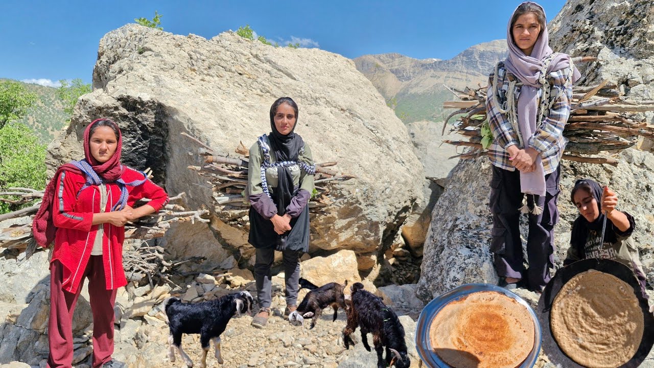 Real Life of Iranian Nomadic Girls | Collecting Firewood, Bread Baking in the Mountains