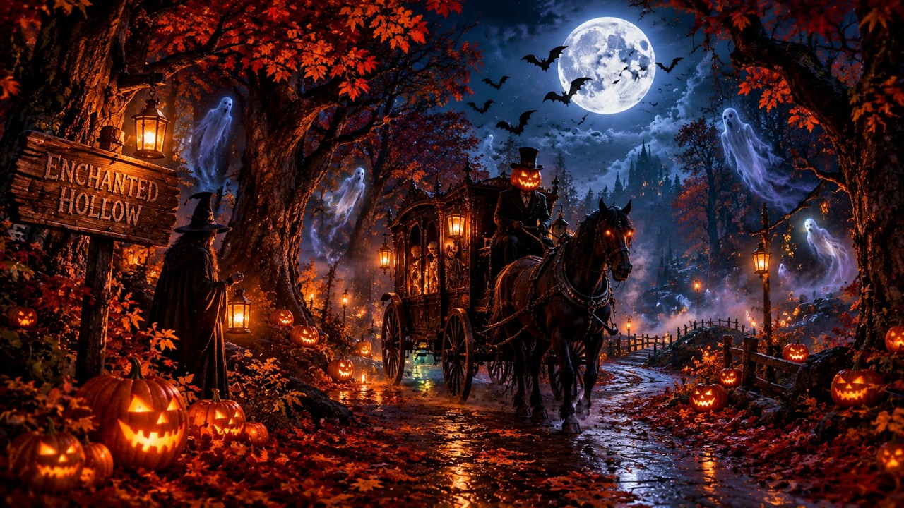 Relaxing Halloween Ambience 🎃 Autumn Night in a Spooky Village 👻 Haunted Sounds & Halloween Music