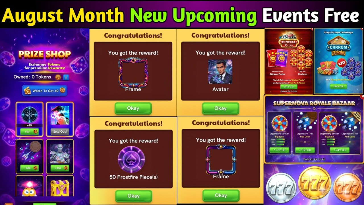 Two Prize Shop Event Free🔥||August Month New Mega Events Free🔥||Two New Carrom Pass🔥||#Carrompool 🔥