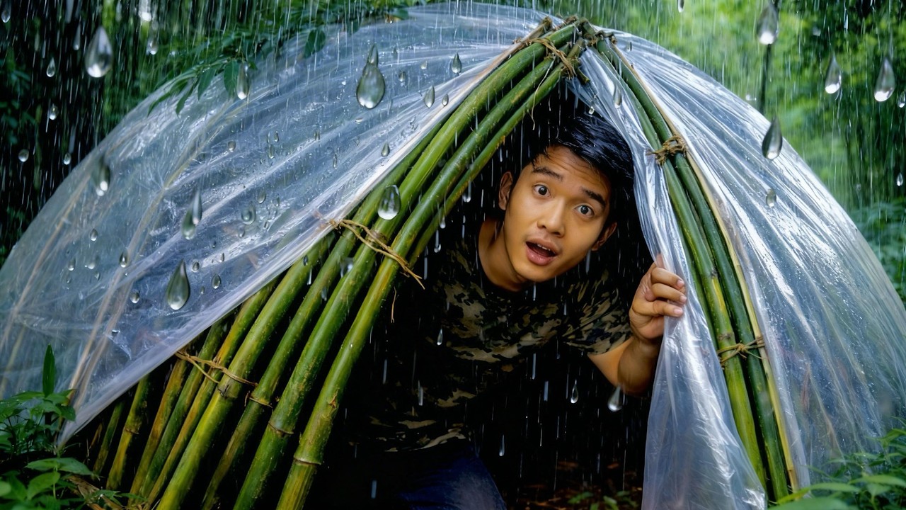 Building a Shelter in Cold Rain - Survival Skills in the Rainforest