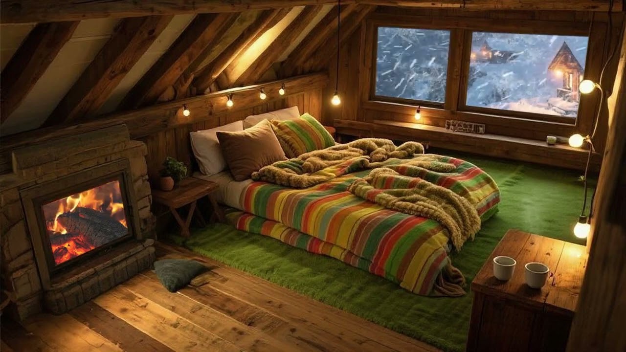 深山小屋的暖炉在燃烧，暴雪之夜的温暖避风港