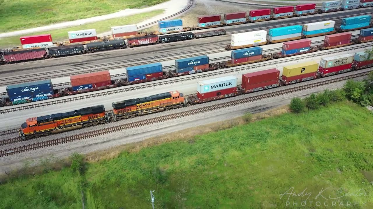 BNSF Transcon - Fort Madison, IA (35th St Bridge and ATSF Depot) 9-6-21 (Drone)