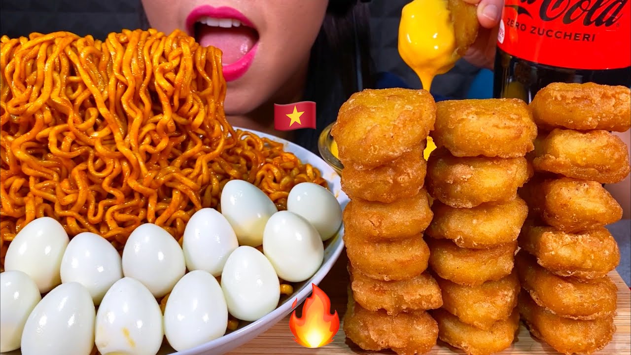 ASMR CURRY FIRE NOODLES, CHICKEN NUGGETS, QUAIL EGGS 먹방 MUKBANG MASSIVE Eating sounds