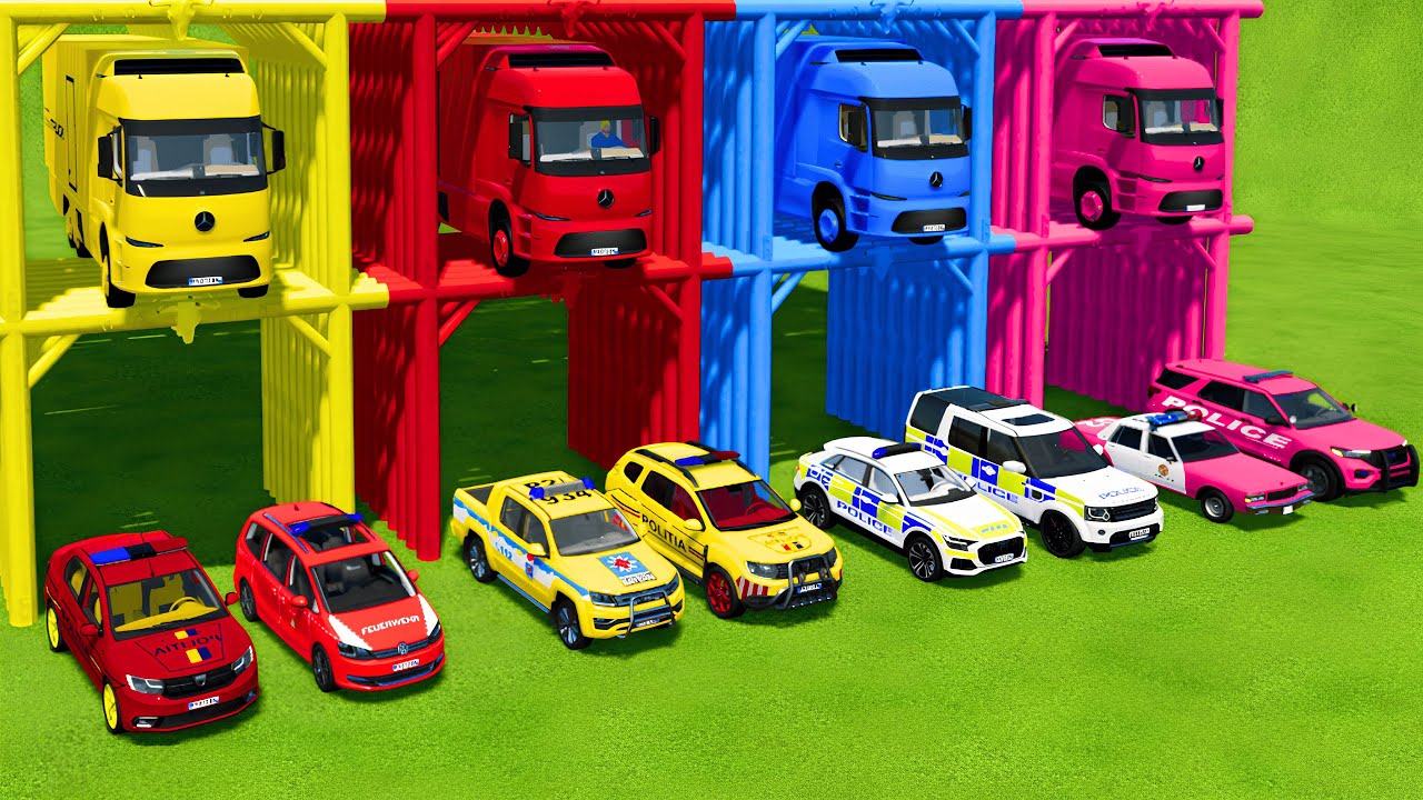 TRANSPORTING ALL POLICE CARS and AMBULANCE EMERGENCY VEHICLES WITH MERCEDES ELECTRIC TRUCKS ! FS22