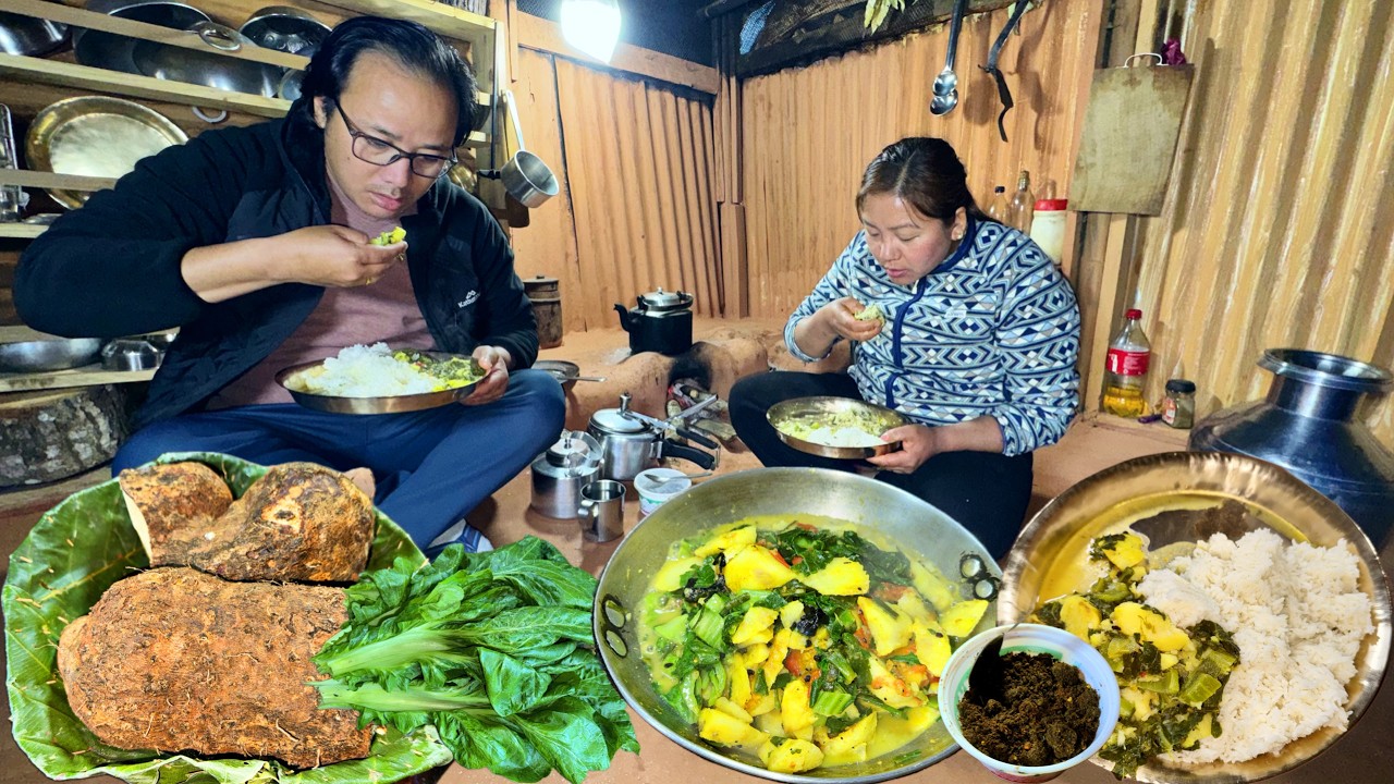 Fresh Greens Mix with Yam Curry Cooking and Eating | Organic Village Food Recipe | Village Life Vlog