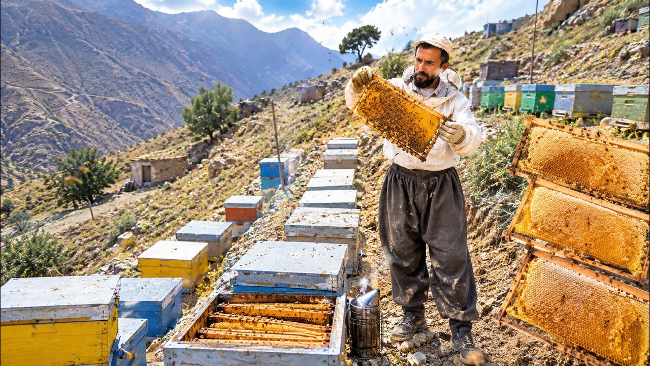 🐝🍯Real Nomadic Life Iran|Wild Honey Harvesting in the Zagros Mountains and Survival Skills🏔️🔥