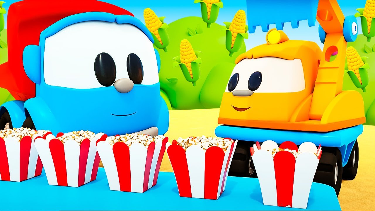 Leo the truck makes popcorn for friends! New funny cartoons for kids. Cars and trucks for kids.