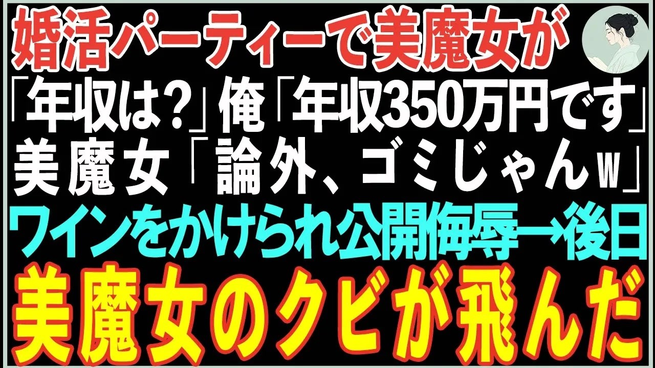 【感動する話】婚活パーティーで美魔女が「年収は？」俺「年収350万円です」美魔女「論外、ゴミじゃんw」ワインをかけられ公開侮辱。翌日、衝撃の展開となる  【スカッと】【朗読】