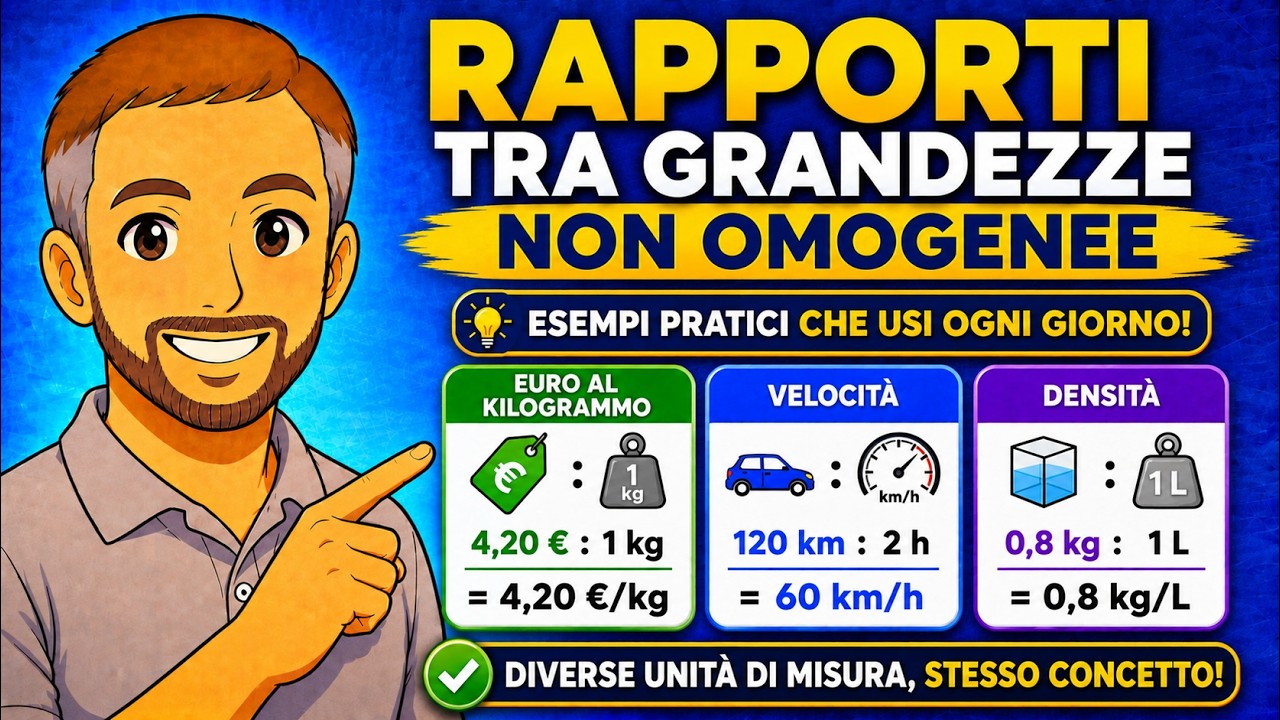 Rapporti tra grandezze non omogenee: €/kg, velocità media e densità | Rapporti lezione 2