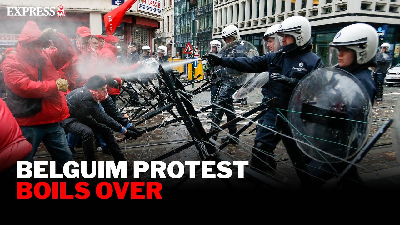 Police and protestors clash in Belgium during national strike
